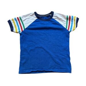 Boden Raglan T-Shirt Kids Blue Excellent Rainbow Stripe Sleeve SIZE 6-7Y